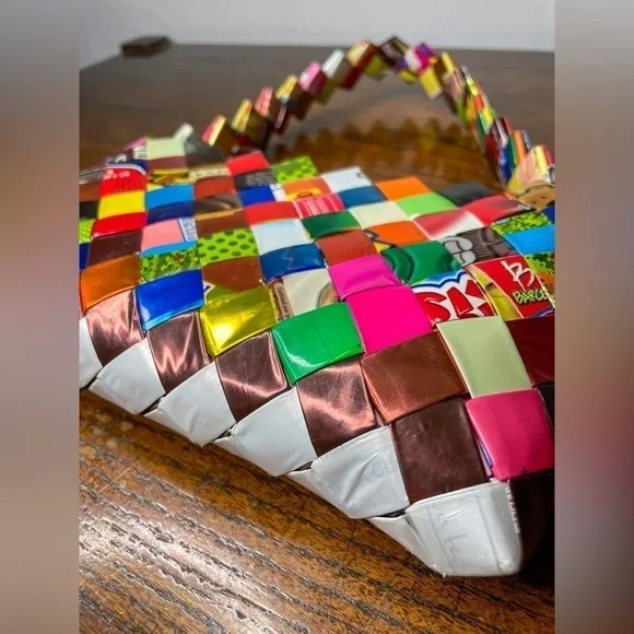 Colorful Candy Wrapper Woven Purse | Eco-Friendly Handmade Shoulder Bag - Picture 4 of 13